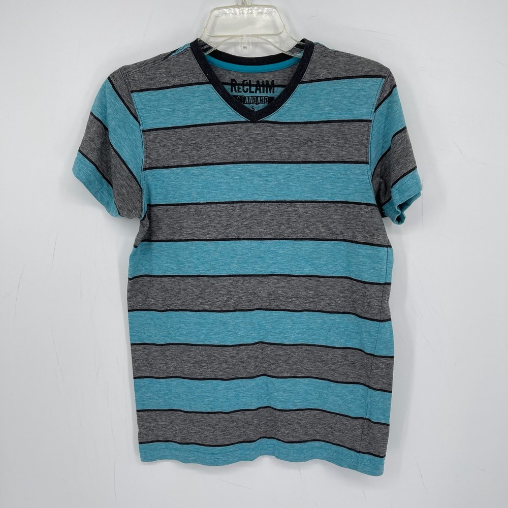 Reclaim Men's Blue Gray Striped V-Neck Short Sleeve Pullover Tee T-Shirt Size S